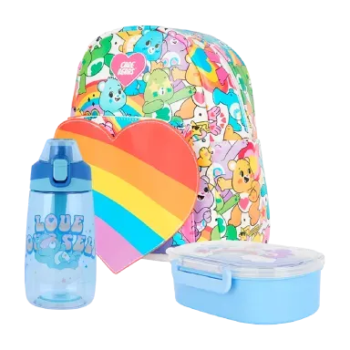 Mochila care bears arcoíris + Taper de plástico azul 650 ml + Tomatodo azul 500 ml ositos cariñositos - Miniso