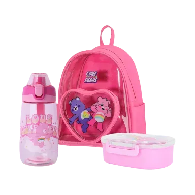 Mochila care bears rosa + Taper de care bears de 650 ml rosa + Tomatodo de plástico care bears 500 ml rosa - Miniso