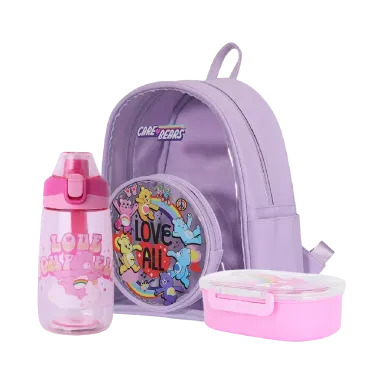 Mochila care bears lila + Taper de care bears de 650 ml rosa + Tomatodo de plástico care bears 500 ml rosa - Miniso