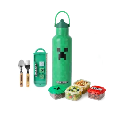 Cubiertos tenedor y cuchara de minecraft + Taper de minecraft 330 ml + Tomatodo de acero de minecraft 750 ml - Miniso