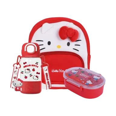 Mochila textil roja 19x23x10 cm hello kitty + Taper de sanrio 500ml kitty + Tomatodo de plástico de hello kitty con sorbete de 690 ml sanrio - Miniso