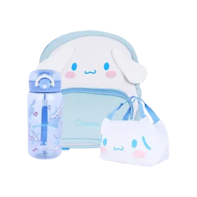 Lonchera textil blanca 26x16x17 cm cinnamoroll + Mochila azul 19x23x10 cm cinnamoroll + Tomatodo de plástico de 450 ml cinnamoroll - Miniso