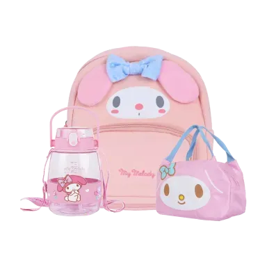 Lonchera my melody rosa claro + Mochila rosa 19x23x10 cm my melody + Tomatodo de plástico 1300 ml my melody rosa - Miniso