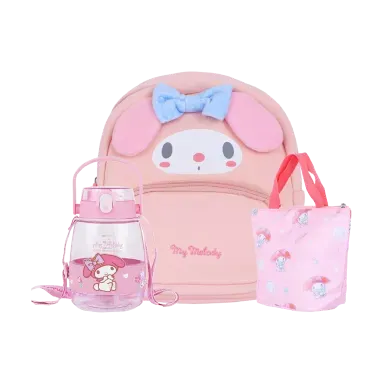Lonchera my melody unicorn + Mochila rosa 19x23x10 cm my melody + Tomatodo de plástico 1300 ml my melody rosa - Miniso