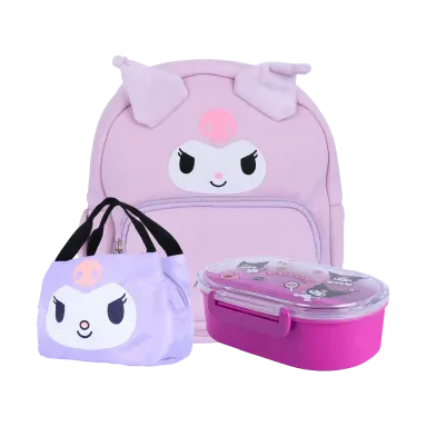 Lonchera textil morada 26x16x17 cm kuromi + Mochila morada 19x23x10 cm kuromi sanrio + Taper de sanrio 650ml kuromi - Miniso