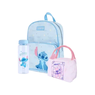 Lonchera angel dinner party rosa + Mochila azul lilo & stitch + Tomatodo de plástico de stitch 500 ml azul - Miniso