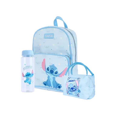 Lonchera stitch dinner party azul + Mochila azul lilo & stitch + Tomatodo de plástico de stitch 500 ml azul - Miniso