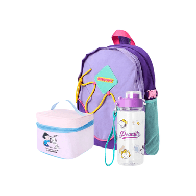 Lonchera snoopy serie colorful life + Mochila escolar snoopy morado + Tomatodo de plástico snoopy de 640 ml morada - Miniso