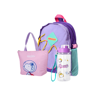 Lonchera snoopy serie little space explorer mediana rosa + Mochila escolar snoopy morado + Tomatodo de plástico snoopy de 640 ml morada - Miniso
