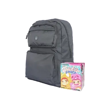 Mochila escolar gris 28x13x42 cm + Blind box wakuku conejito & zorro - Miniso