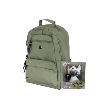 Mochila textil verde 30x41 cm + Blindbox stitch generación Z - Miniso