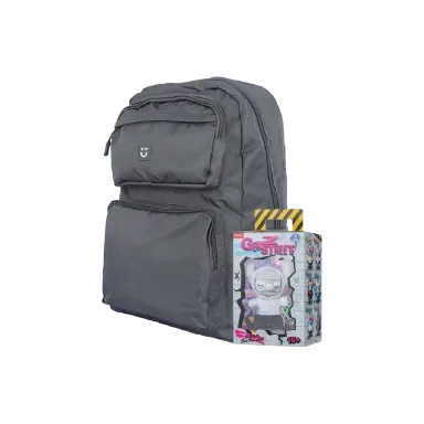 Mochila escolar gris 28x13x42 cm + Blindbox stitch generación Z street - Miniso