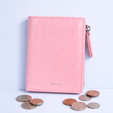 Cartera corta con cierre para mujer miniso tipo piel cocodrilo glossy rosa -  Miniso