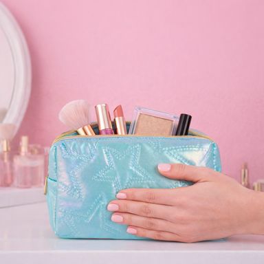 Cosmetiquera cuadrada nacarada estrellas azul claro -  Miniso