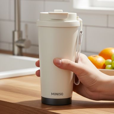 Vaso con tapa y boquilla coffe acero inoxidable beige 500 ml doble pared -  Miniso