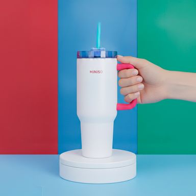 Vaso de acero con doble pared y sorbete serie colorful stripes con asa 1200ml blanca -  Miniso
