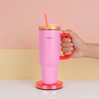 Vaso de acero con doble pared y sorbete serie colorful stripes con asa 1200ml rosa -  Miniso