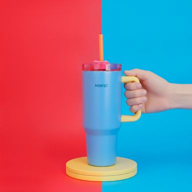 Vaso de acero con doble pared y sorbete serie colorful stripes con asa 1200ml azul -  Miniso