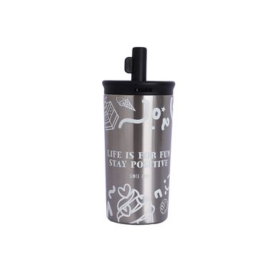 Vaso con tapa y sorbete vibrant graffiti acero inoxidable plateado 450 ml doble pared - Miniso