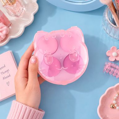 Esponjas de maquillaje 4 piezas gatitos con caja de almacenamiento rosa y púrpura - Miniso