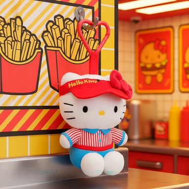 Llavero de peluche hello kitty camarera postura sentada retro diner felpa blanco - Sanrio