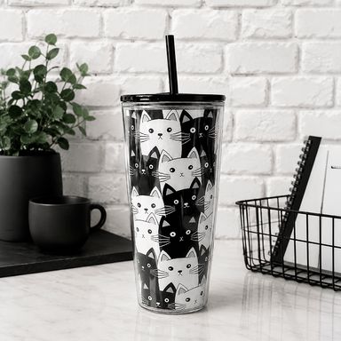 Vaso de plástico con sorbete 700ml colección black white 2 0 blanco y negro - Miniso